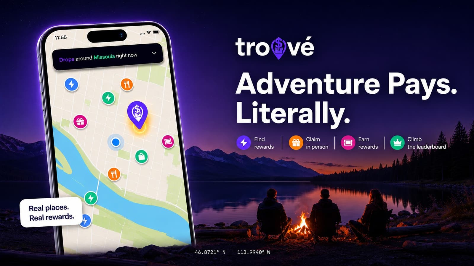 Adventure pays, literally: trouvé map of Missoula drops with find, claim, earn, and climb highlights