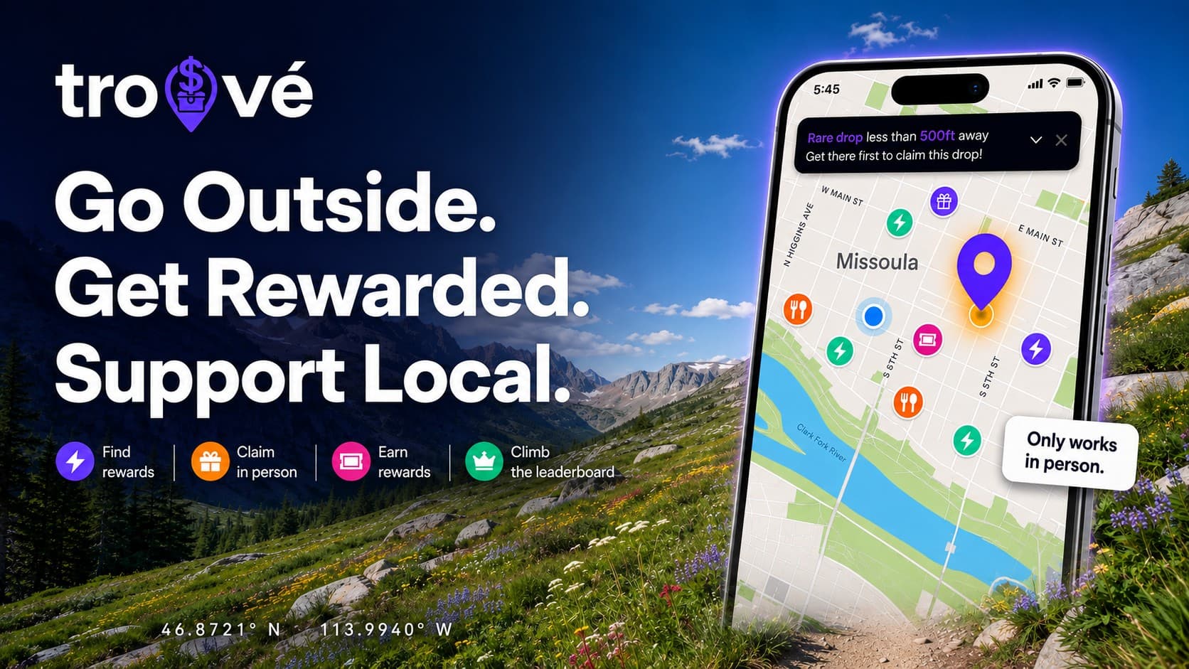Go outside, get rewarded, support local: trouvé map of reward drops across Missoula with find, claim, earn, and climb highlights